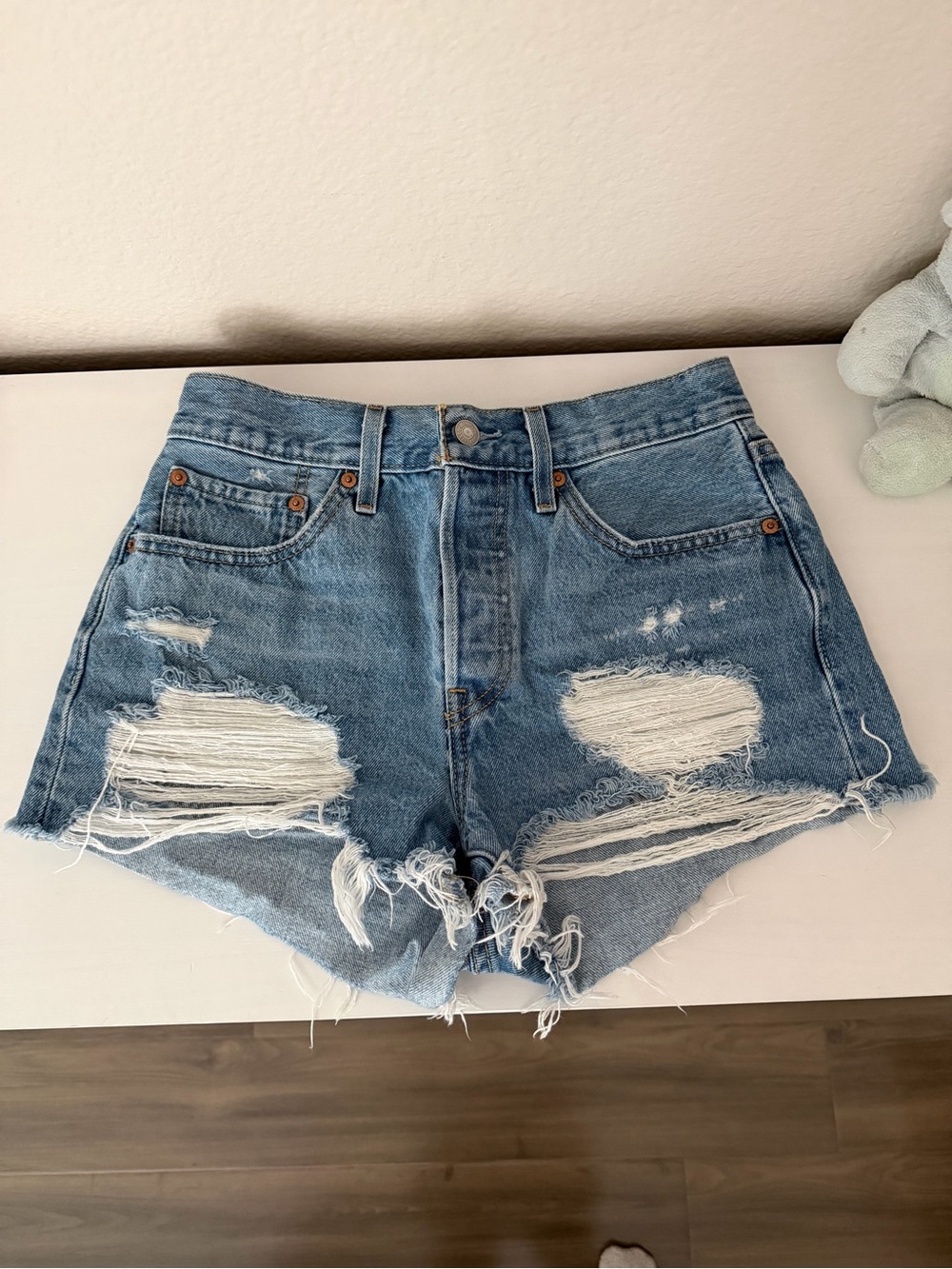Levi's Light Blue Distressed High-Rise Jean Shorts